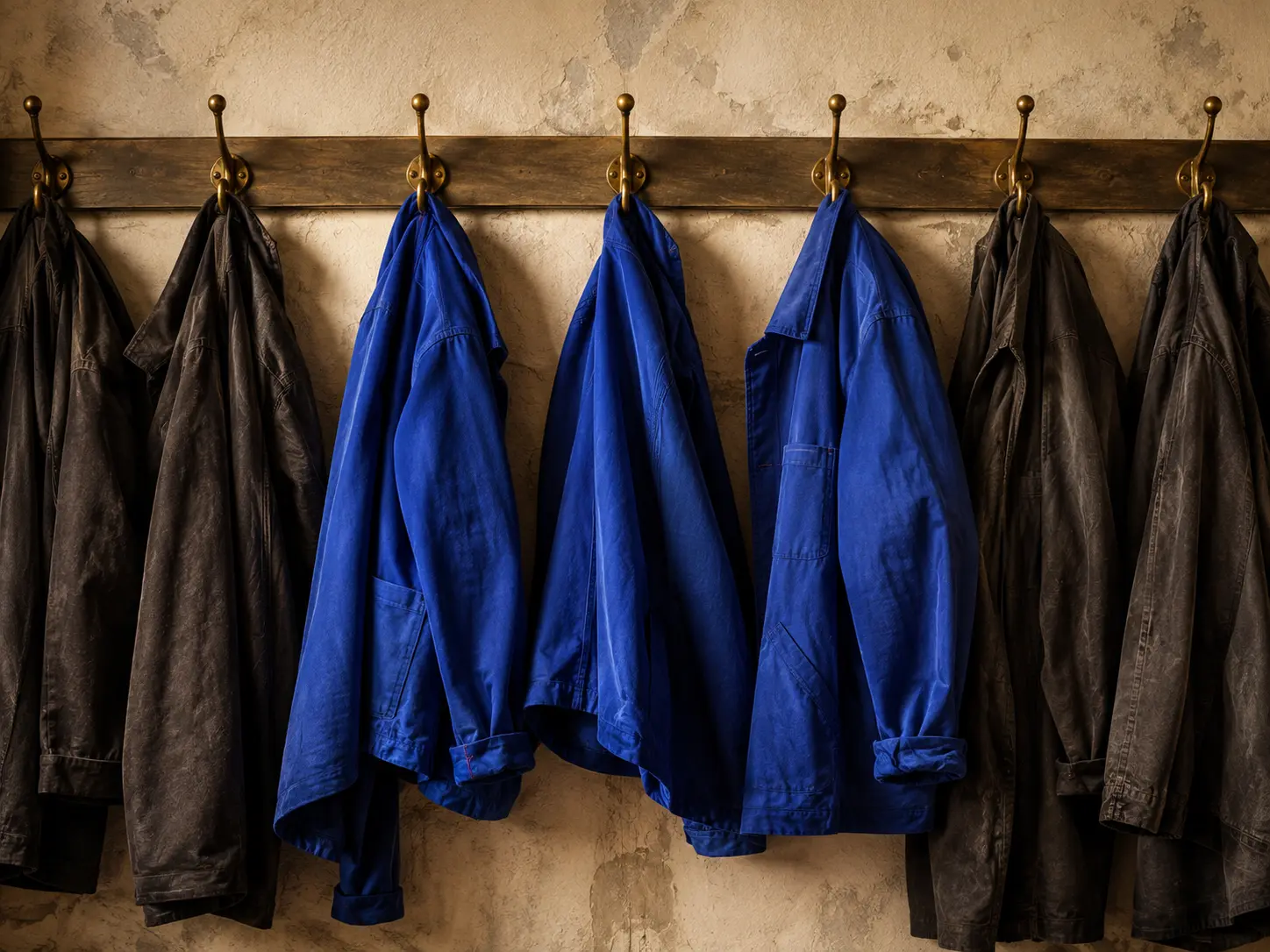 Three fresh cobalt work jackets hanging between weathered charcoal coats on brass hooks