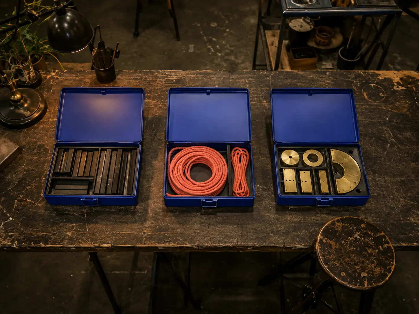 Three cobalt tool cases containing graphite, coral cord and brass creative materials on a scarred worktable