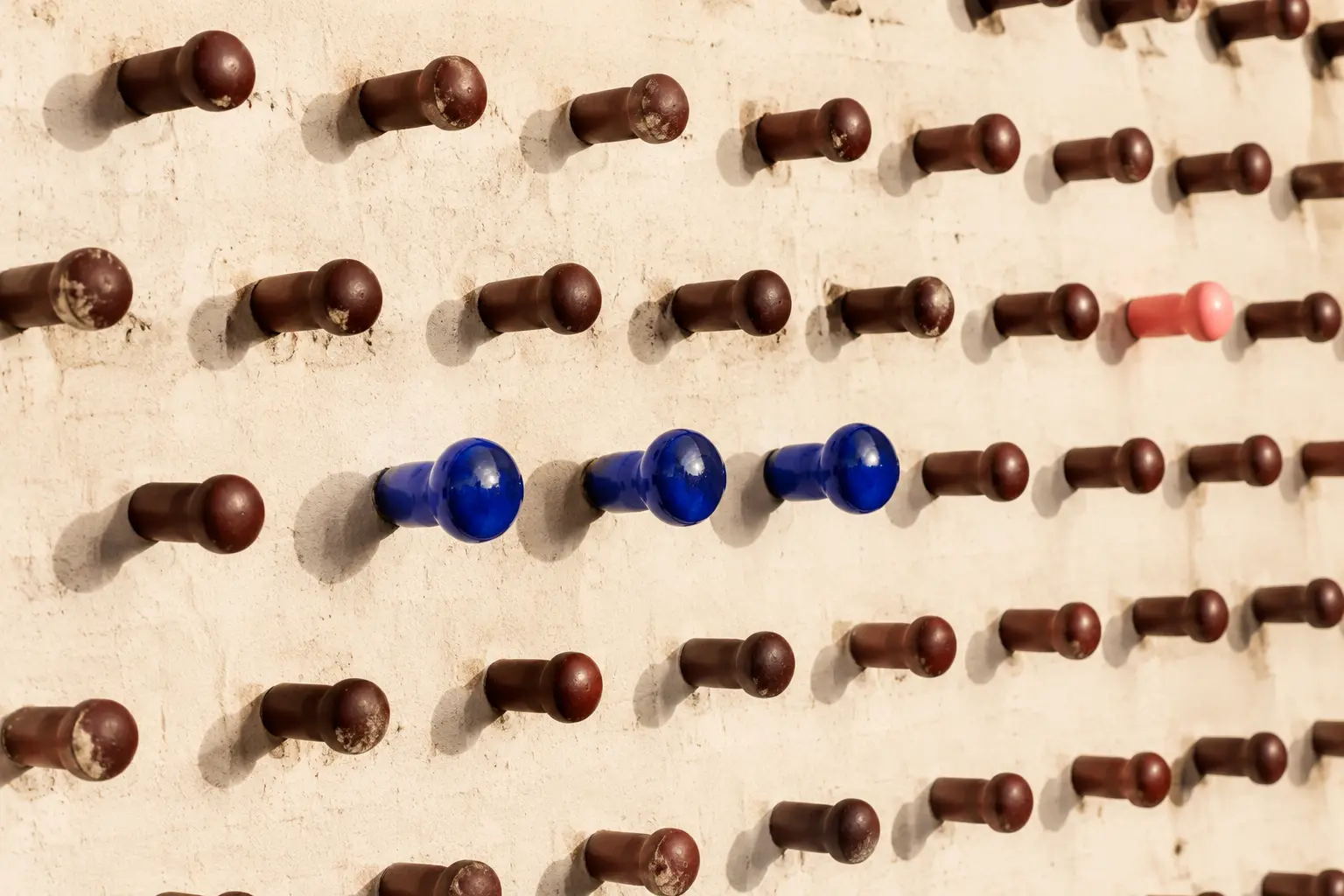 Three cobalt ceramic pegs newly installed among older burgundy wooden pegs on a cream wall